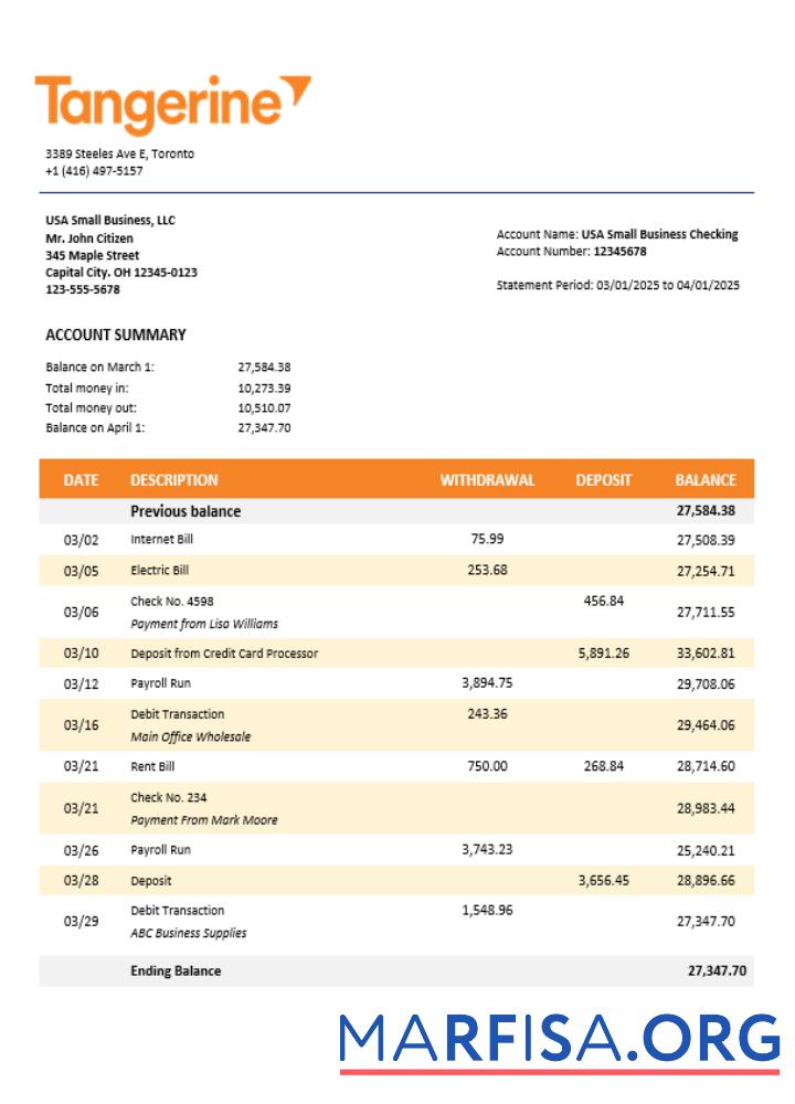 Downloadable Tangerine business bank statement Word and PDF format download for verification
